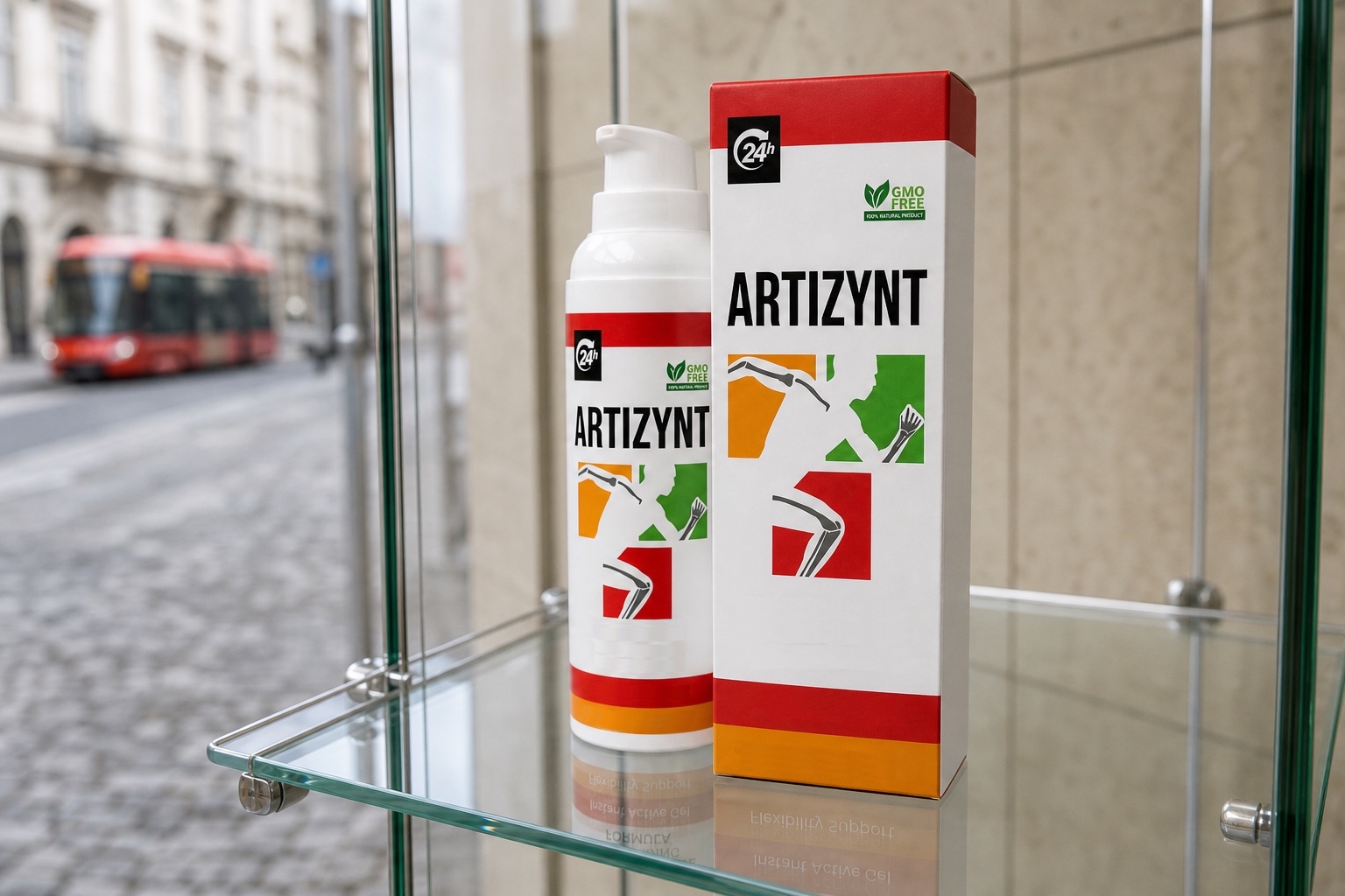 Kartón ArtiZynt na sklenenej polici vo výklade, Bratislava za oknom